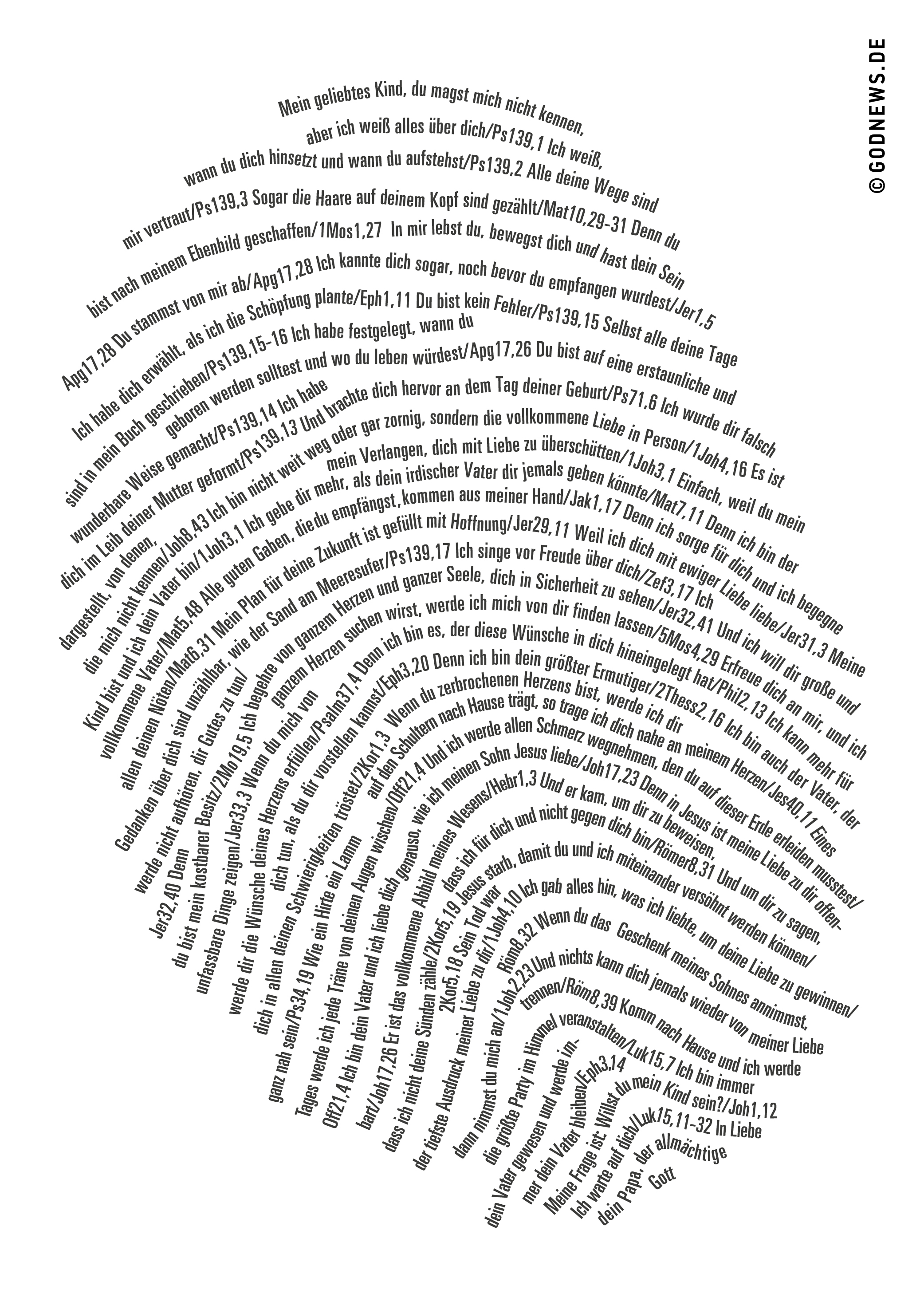 Fingerabdruck, Zusagen Gottes, godnews, einzigartig, Liebesbrief des Vaters, Typografie, Bibelstellen, Bibel, Gott, Jesus